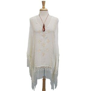 Knox Rose Boho Festival Fringe Poncho Top Cream Embroidered V-Neck L/XL NWOT